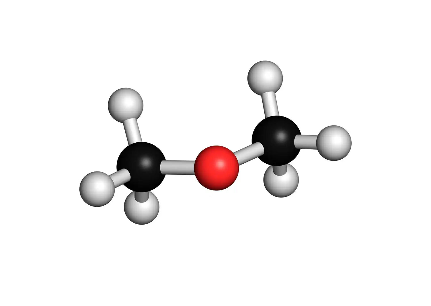 Molekülmodell von Dimethyläther (CH3-O-CH3) zeigt Atome und Bindungen.