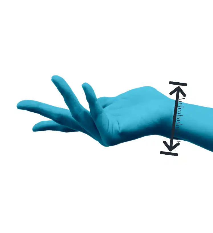 Türkisfarbene medizinische Handschuhe aus Latex oder Nitril mit Maßmarkierungen am Handgelenk.