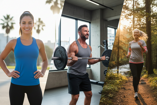 Sportliche Personen auf einem Bild: Frau die fit ist, Mann beim Krafttraining und Frau beim Laufen