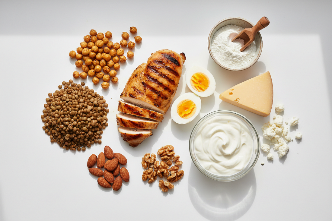 Proteinquellen in der Ernährung (Fleisch, Eier, Milchprodukte, Hülsenfrüchte, Samen, Nüsse und Proteinpulver)
