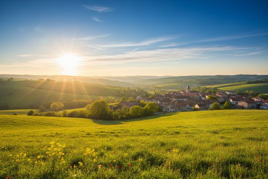 Bild das eine Sonne am Himmel zeigt über einer schönen Landschaft 